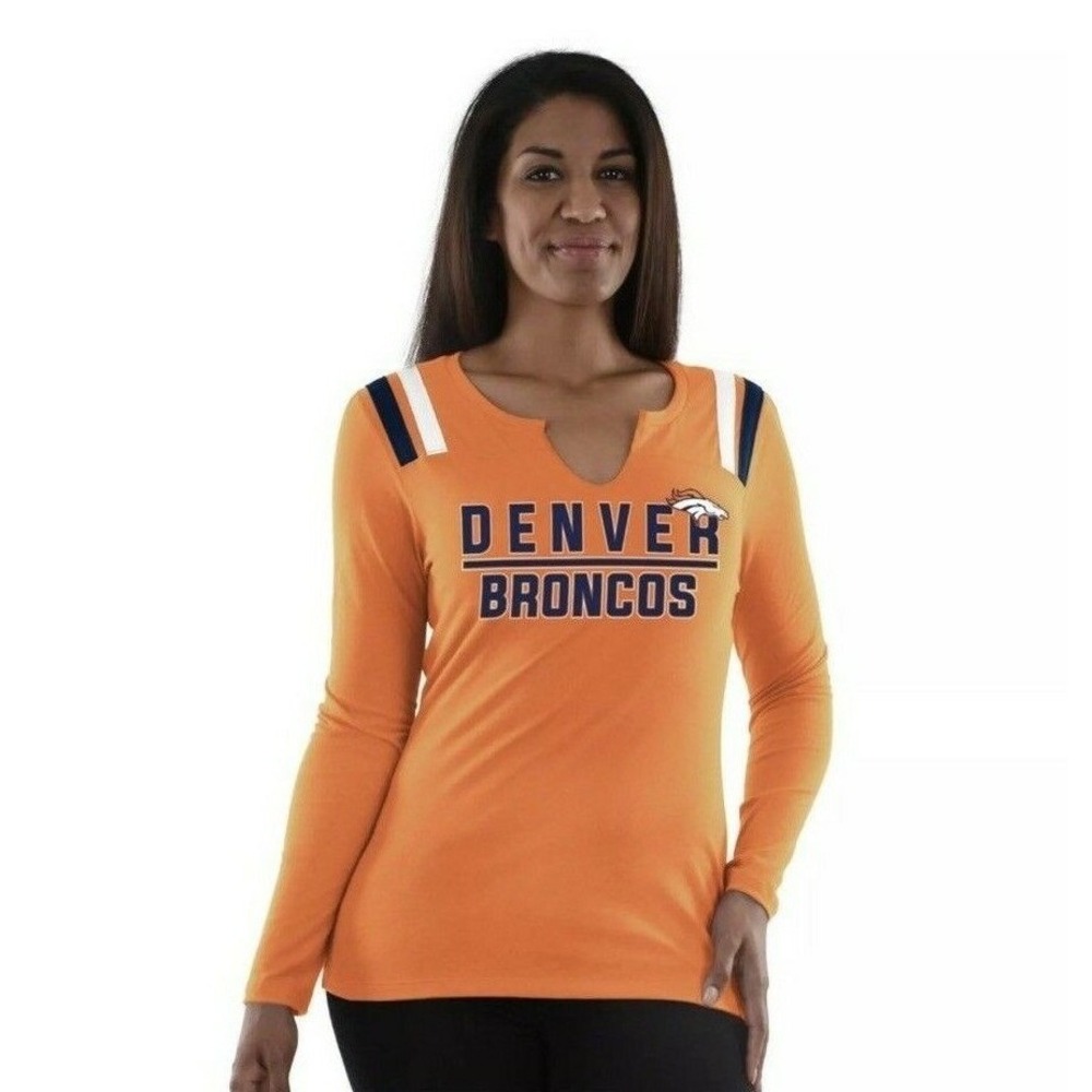 Denver Broncos NFL Womens T-Shirt V Neck Orange‎ Long Sleeve Size S Small